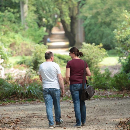 Ein Mann im weißen Shirt und eine Frau im dunkelroten Shirt spazieren entlang eines Waldweges.