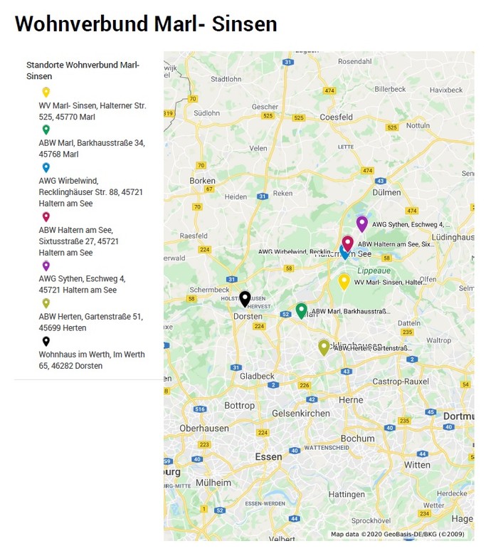 Auf einem Satellitenbild sind mit bunten Markiernadeln die einzelnen Standorte der Außenstellen des LWL- Wohnverbundes Marl-Sinsen aufgeführt