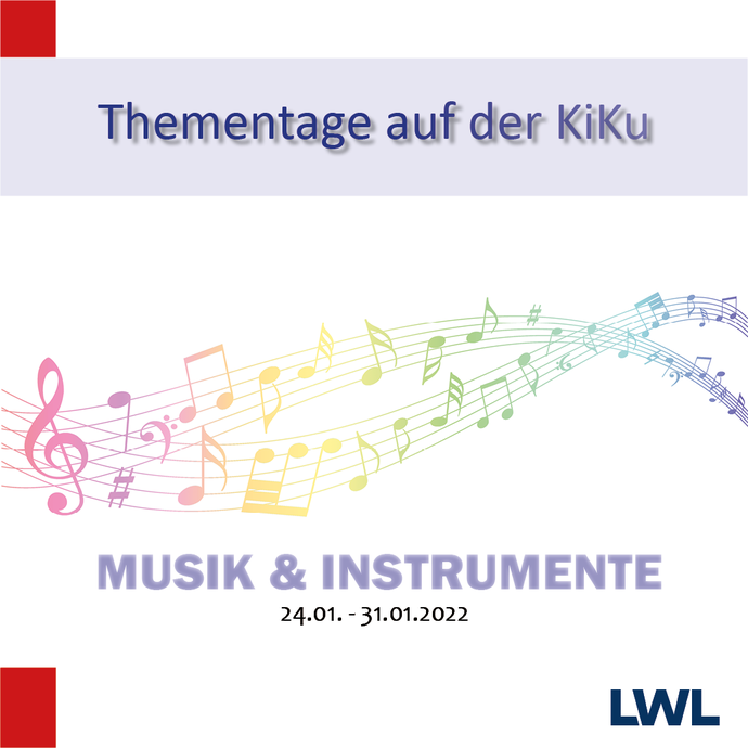 Bunte Noten sind in den Schriftzug Musik und Instrumente eingebettet