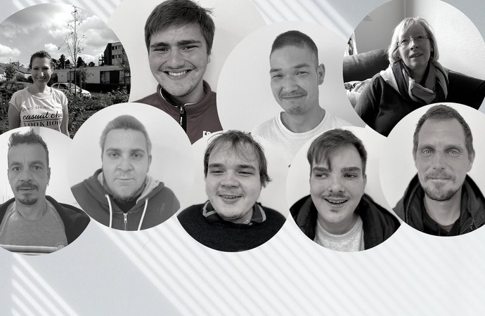 Collage aus zwei Frauen- und sechs Männerportraits in Kreisen. Das Bild ist schwarz weiß.