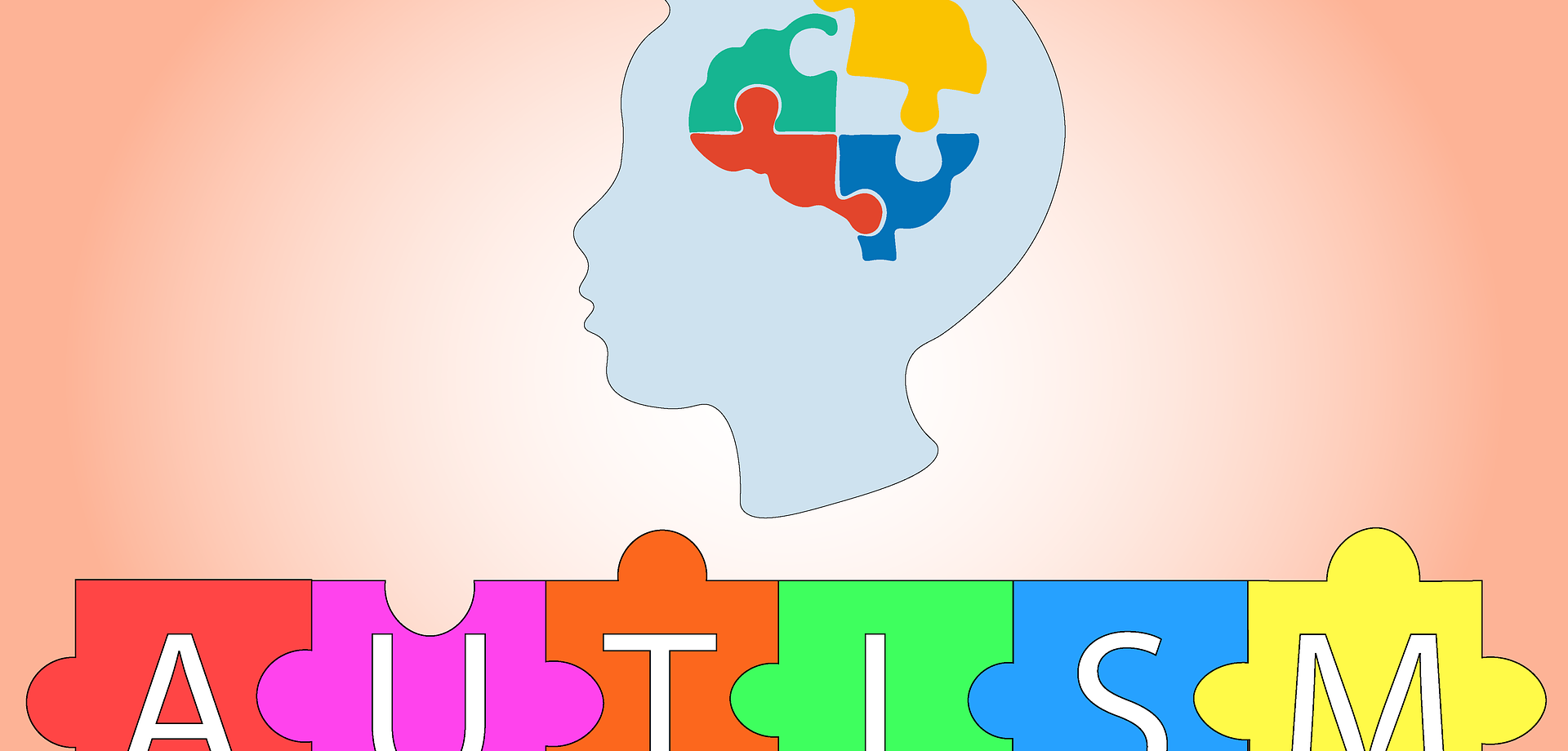 Bunte Puzzleteile, darüber ein Kopf mit Puzzleteilen und dem Schriftzug Autism